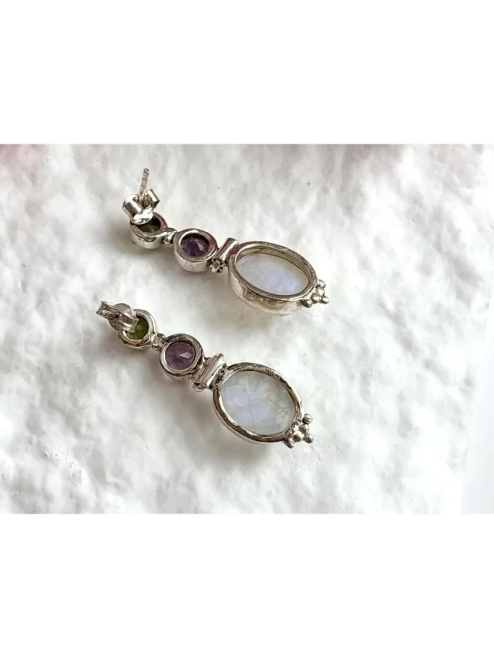 Moonstone, Amethyst & Peridot Vintage Sterling Silver 925 Dangle Drop Earrings